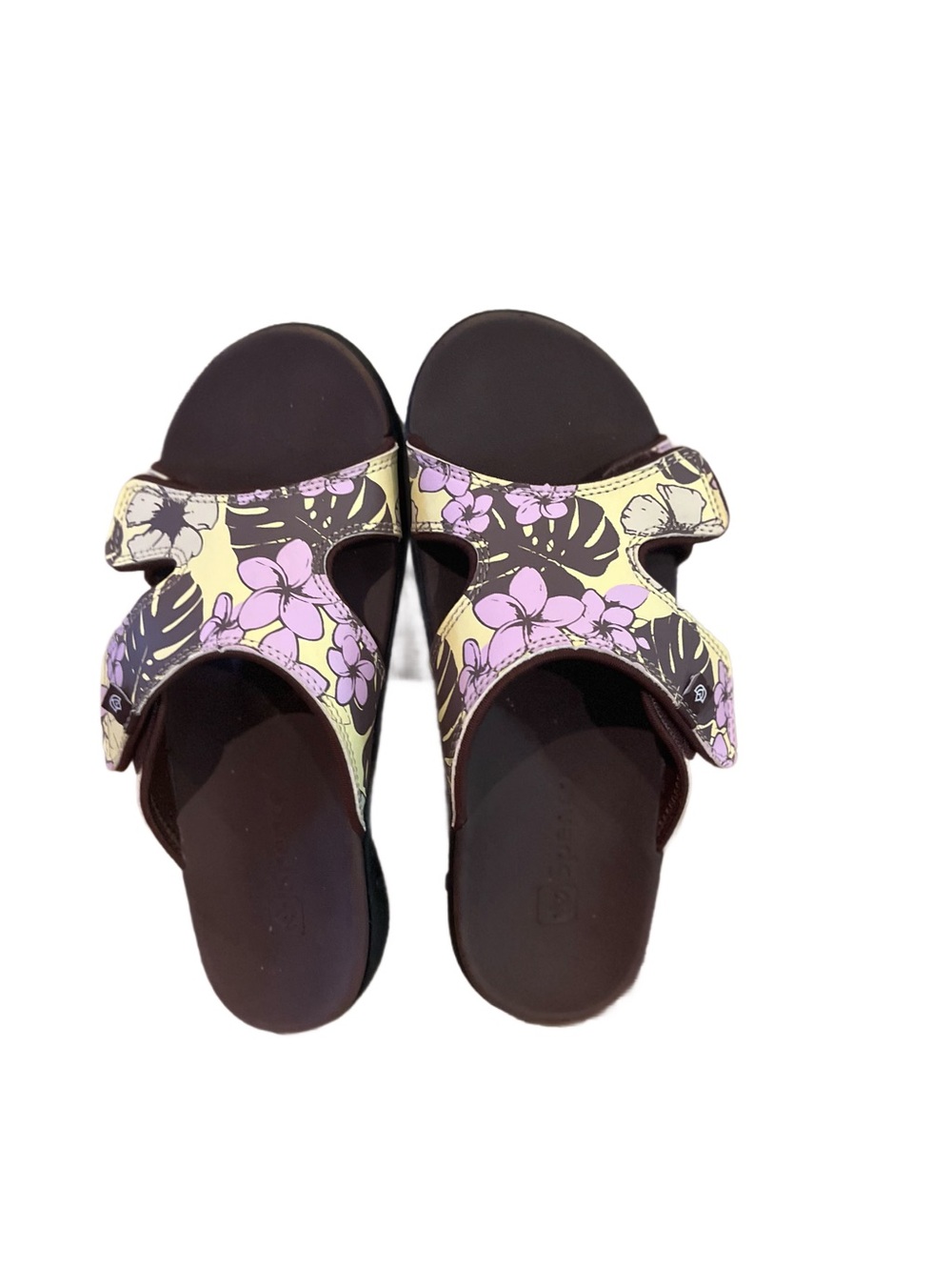 Spenco Womens 7 Taupe Floral Fusion Slim Luau Slide Sandal Double Strap Comfort